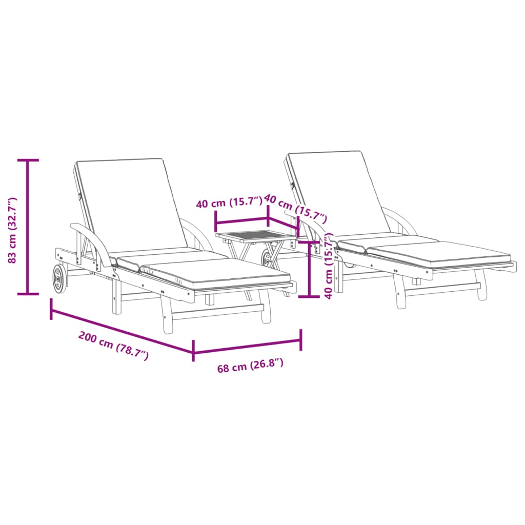 Espreguiçadeiras 2 pcs com mesa madeira de acácia maciça