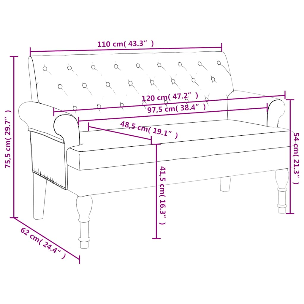 Banco Fiorella com Encosto - 120x62x75,5 cm - Tecido - Cinzento Escuro - Design Vintage