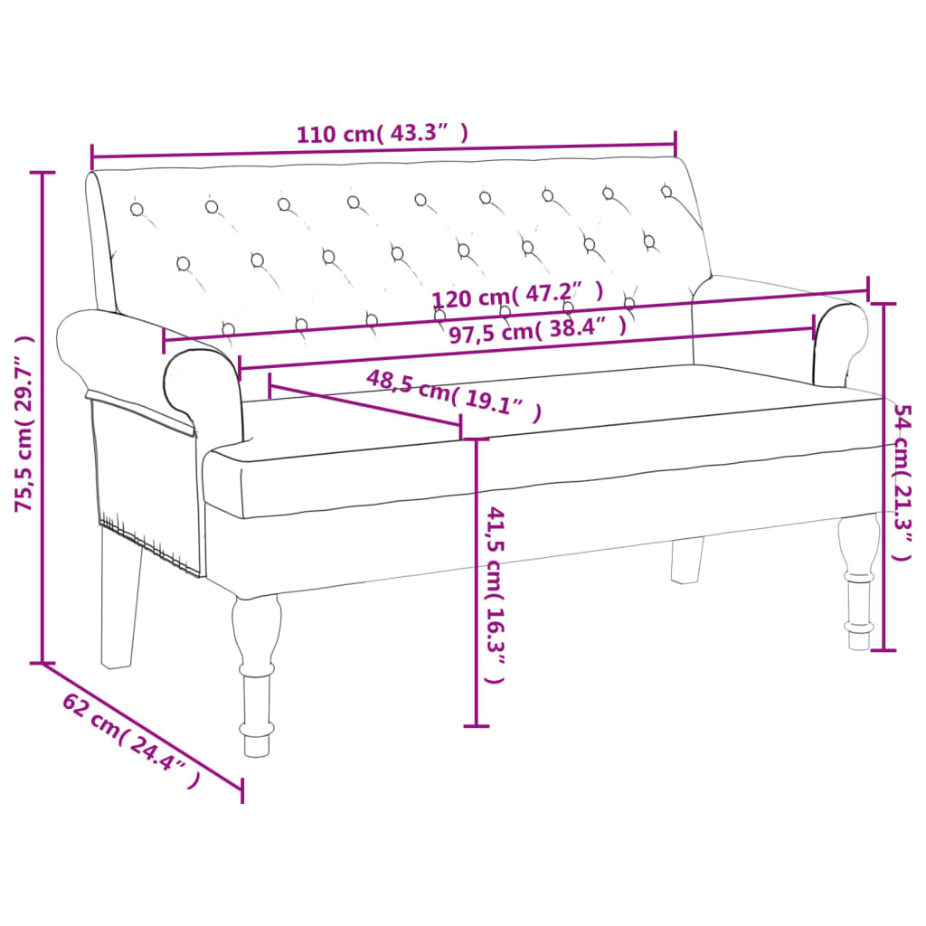 Banco Fiorella com Encosto - 120x62x75,5 cm - Tecido Preto - Design Vintage