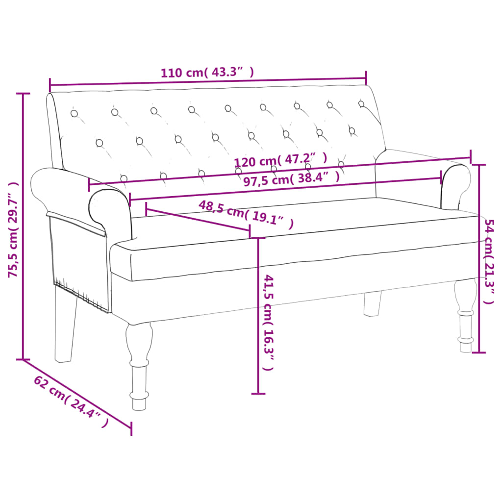 Banco com encosto 120x62x75,5 cm tecido cinza-acastanhado