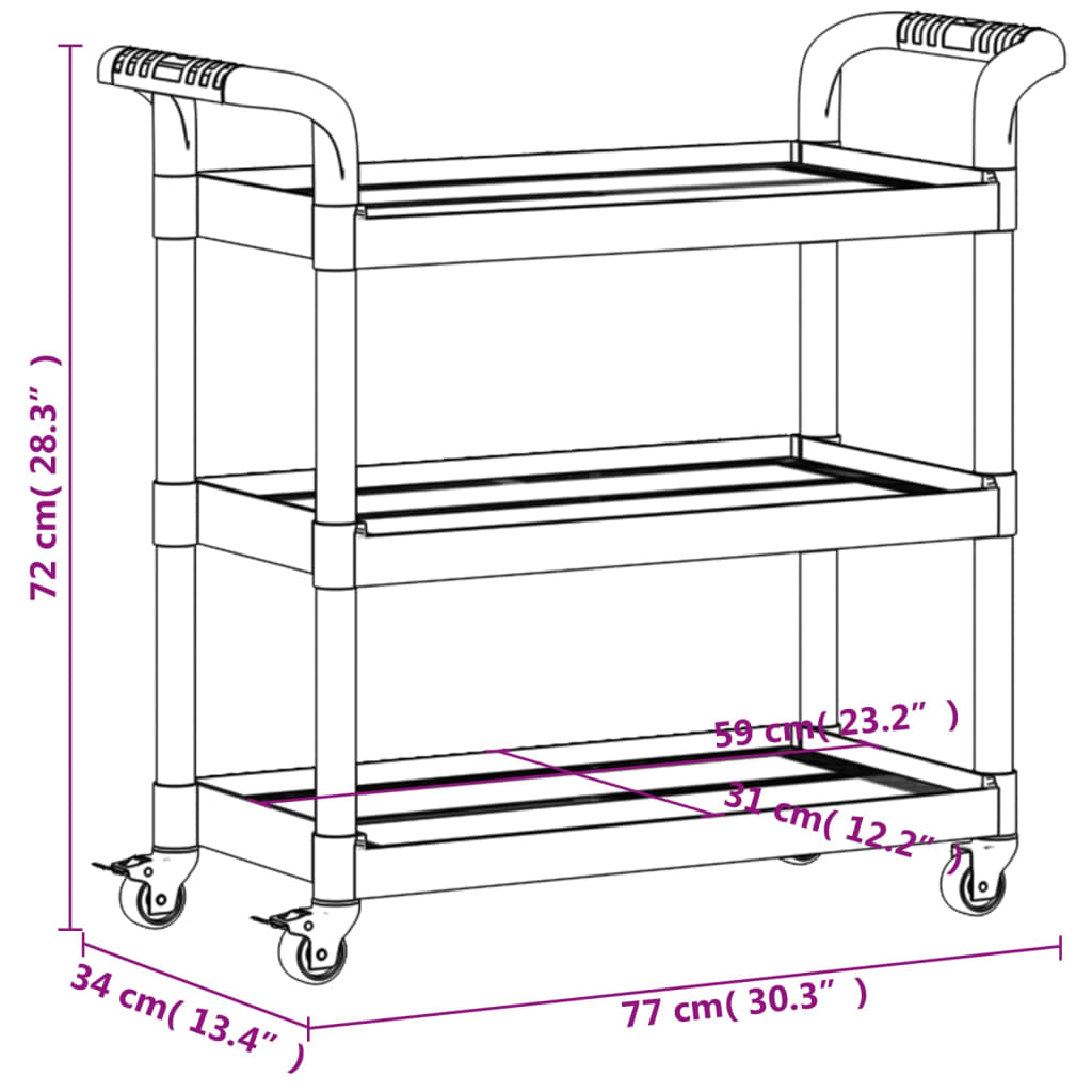 Carrinho c/ 3 prateleiras 77x34x72 cm alumínio cinzento