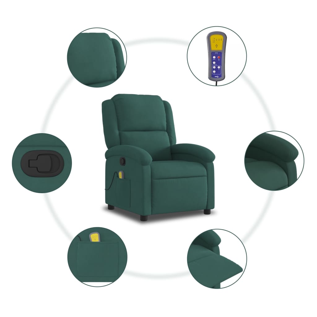 Poltrona Agnes Reclinável Ergonómica com Massagens em Veludo Suave - Verde Escuro - Design Moderno