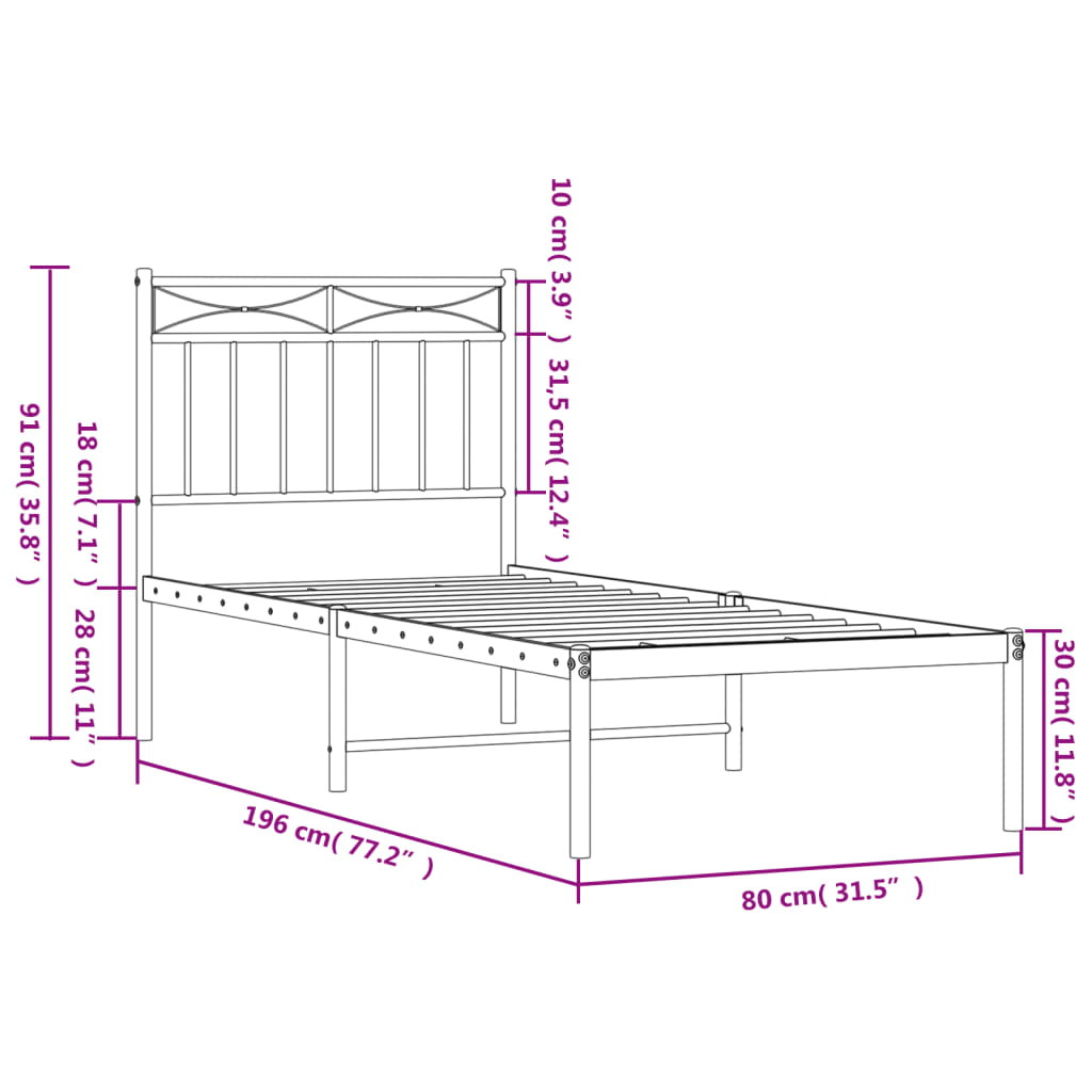 Estrutura de cama com cabeceira 75x190 cm metal preto