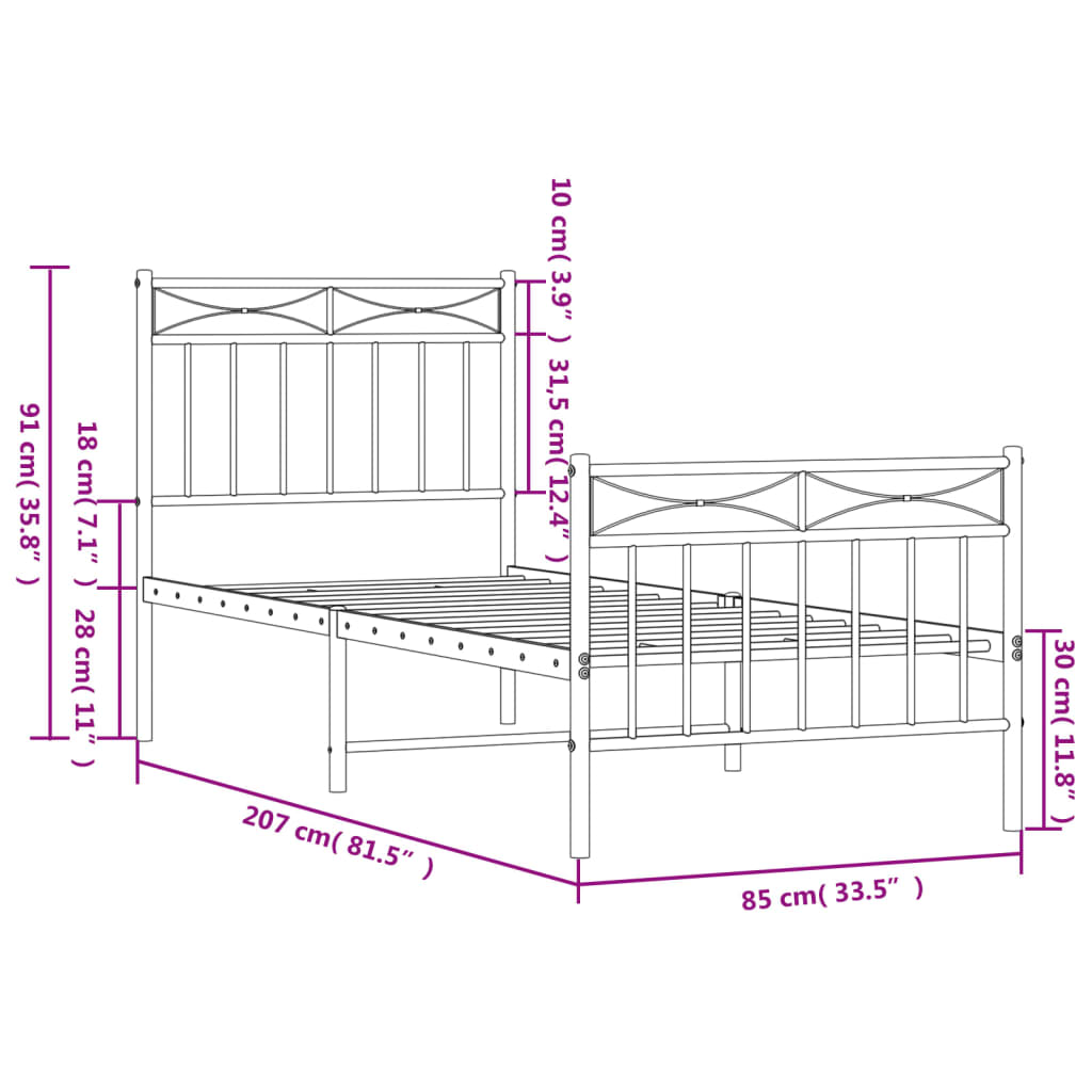 Estrutura de cama com cabeceira e pés 80x200 cm metal preto