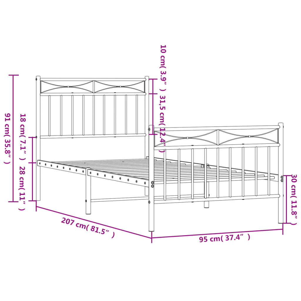 Estrutura de cama com cabeceira e pés 90x200 cm metal preto