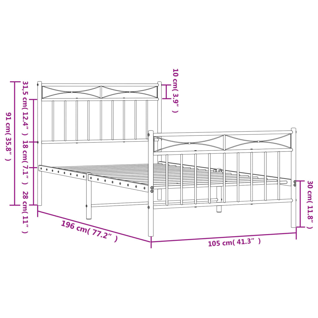 Estrutura de cama com cabeceira e pés 100x190 cm metal preto