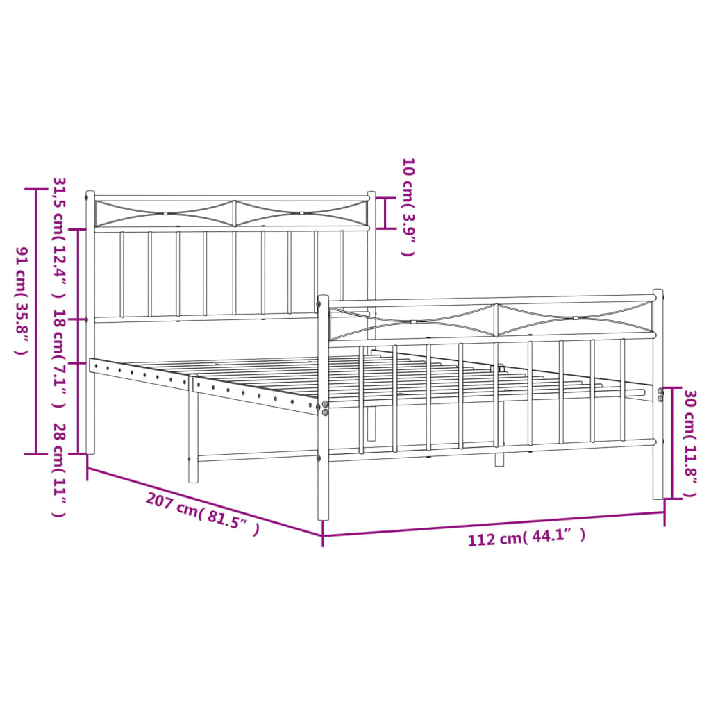 Estrutura de cama com cabeceira e pés 107x203 cm metal preto