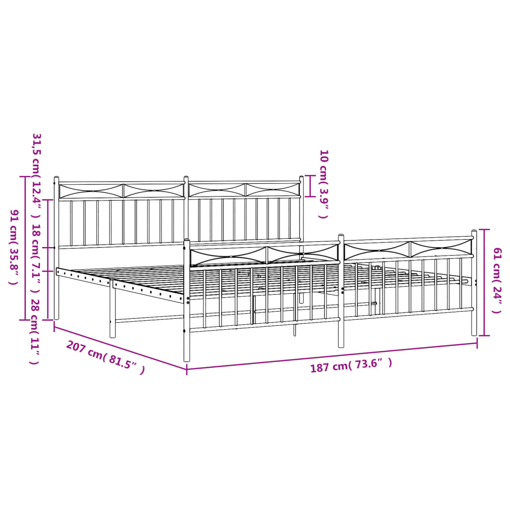 Estrutura de cama com cabeceira e pés 180x200 cm metal preto