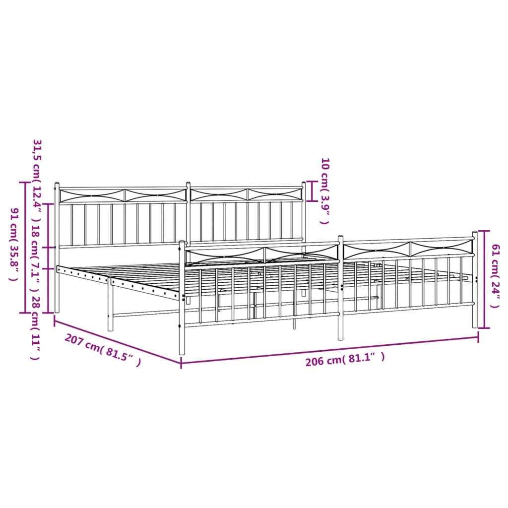 Estrutura de cama com cabeceira e pés 200x200 cm metal preto