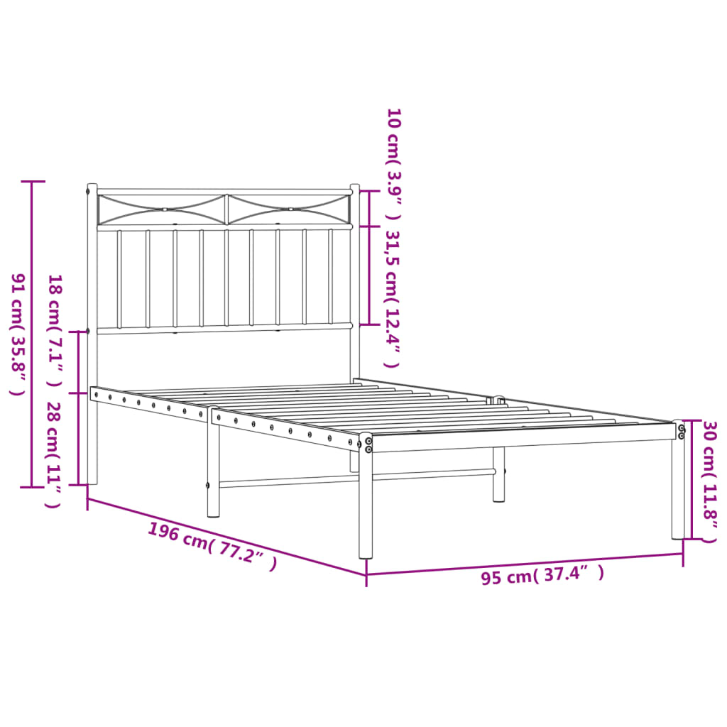 Estrutura de cama com cabeceira 90x190 cm metal branco