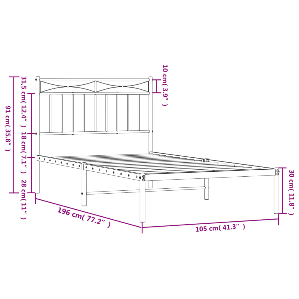 Estrutura de cama com cabeceira 100x190 cm metal branco