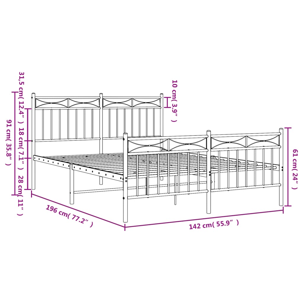 Estrutura de cama com cabeceira e pés 135x190 cm metal branco