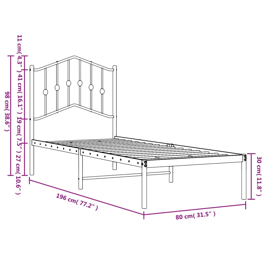 Estrutura de cama com cabeceira 75x190 cm metal preto