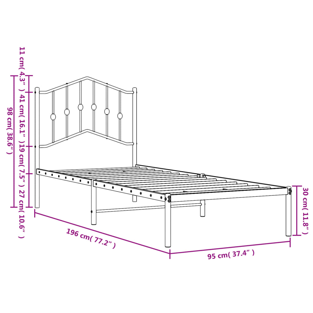 Estrutura de cama com cabeceira 90x190 cm metal preto