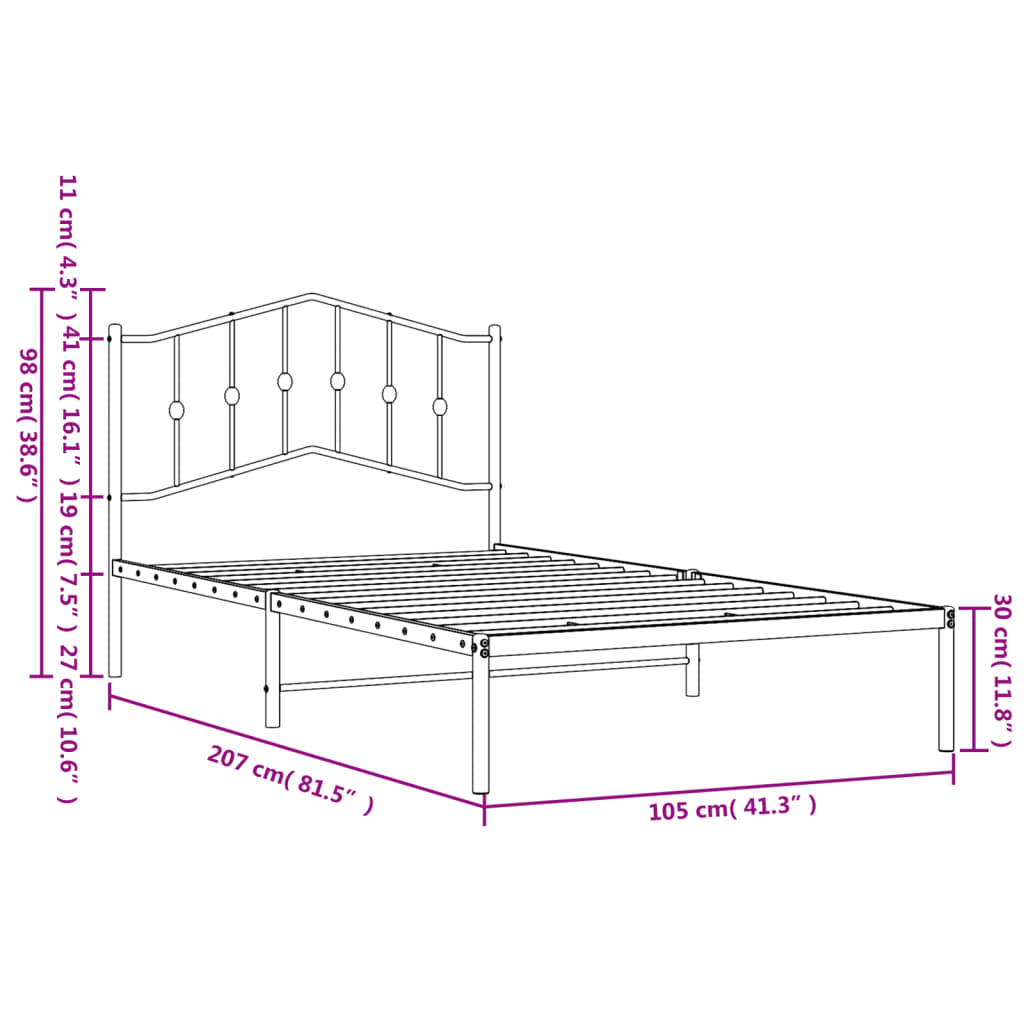 Estrutura de cama com cabeceira 100x200 cm metal preto