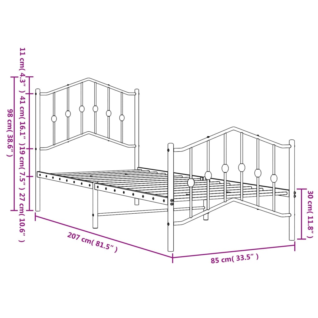 Estrutura de cama com cabeceira e pés 80x200 cm metal preto