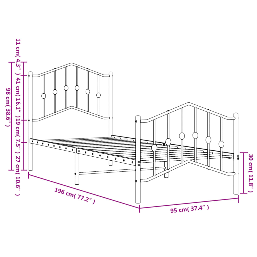 Estrutura de cama com cabeceira e pés 90x190 cm metal preto