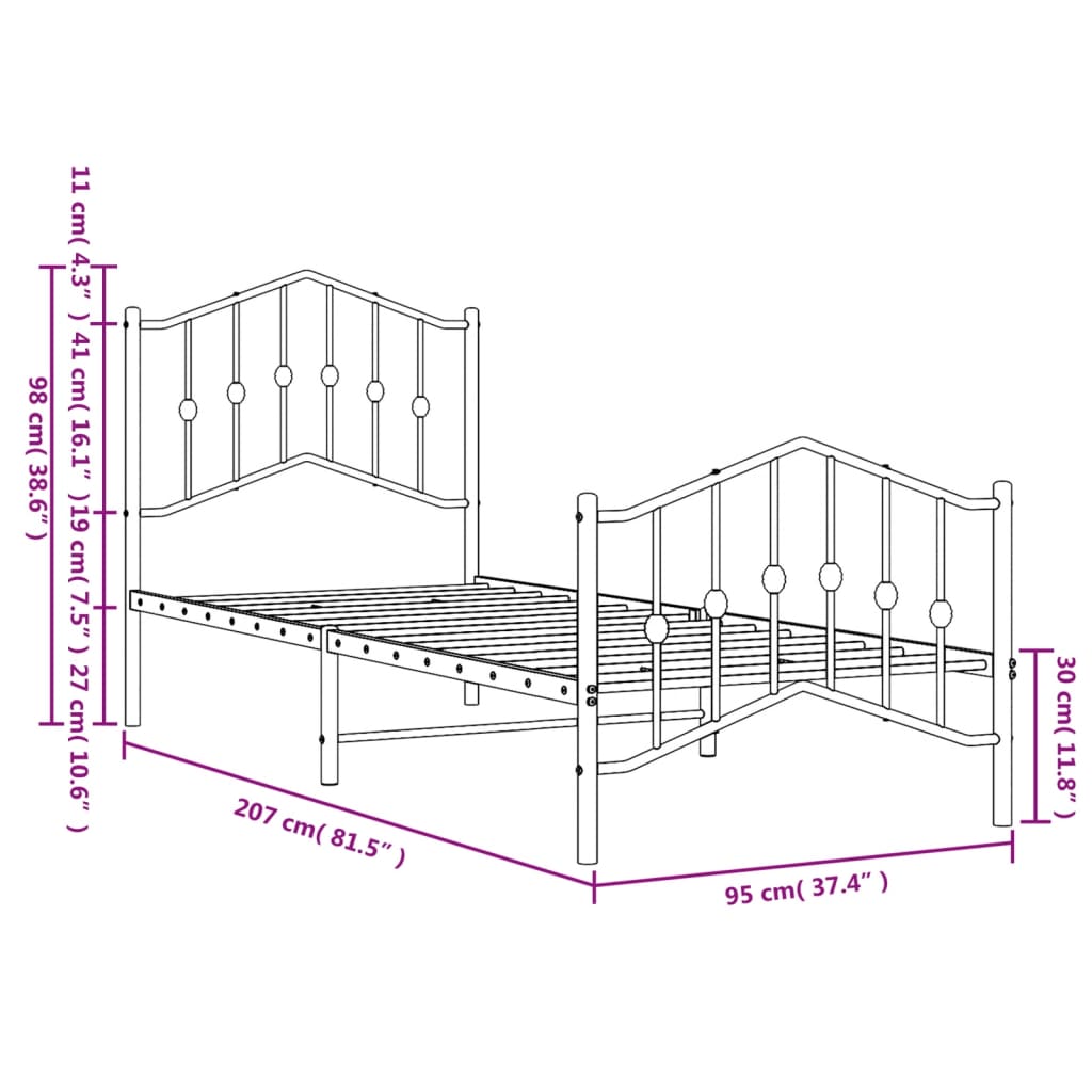 Estrutura de cama com cabeceira e pés 90x200 cm metal preto