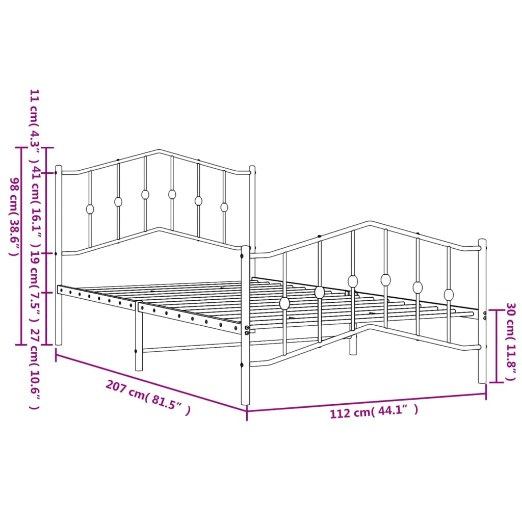 Estrutura de cama com cabeceira e pés 107x203 cm metal preto