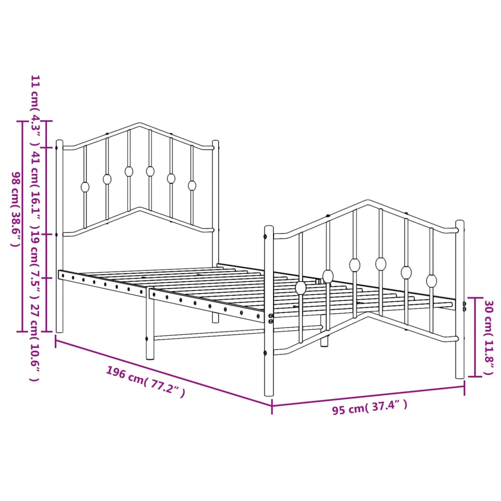 Estrutura de cama com cabeceira e pés 90x190 cm metal branco