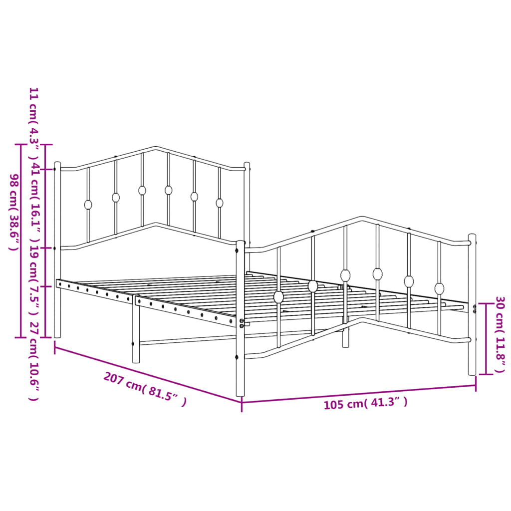 Estrutura de cama com cabeceira e pés 100x200 cm metal branco