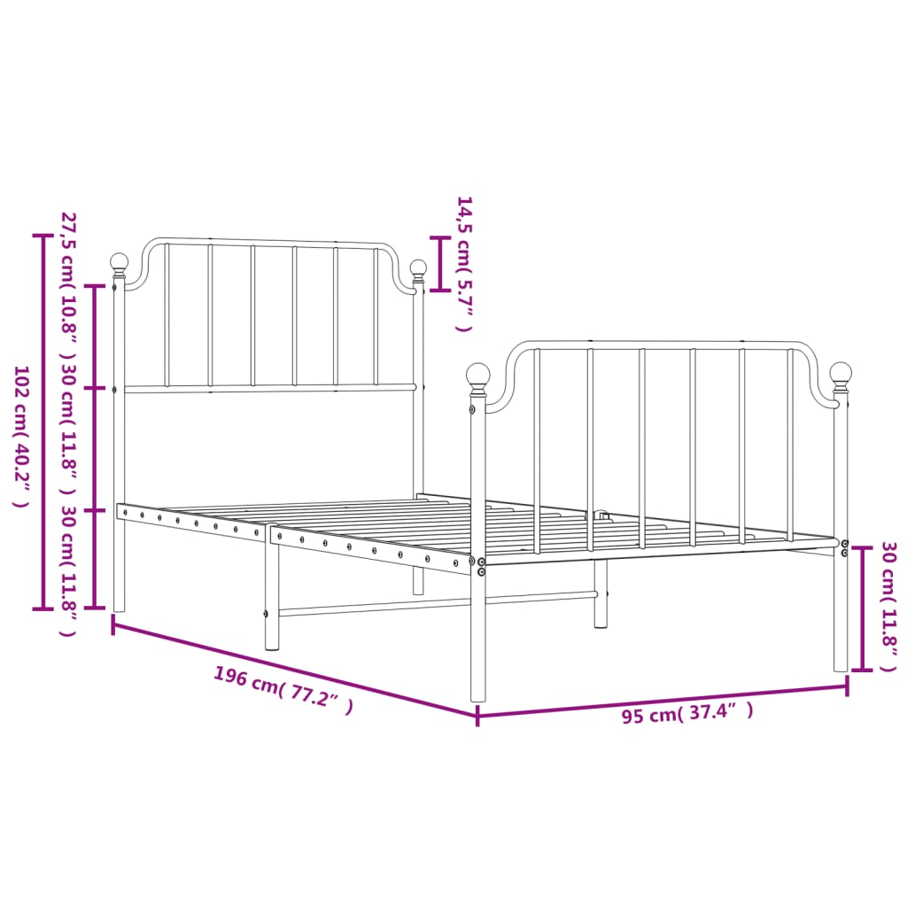 Estrutura de cama com cabeceira e pés 90x190 cm metal preto