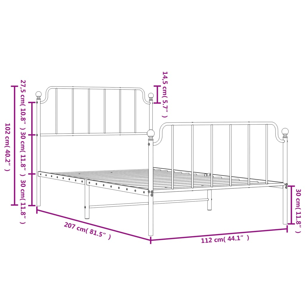 Estrutura de cama com cabeceira e pés 107x203 cm metal preto