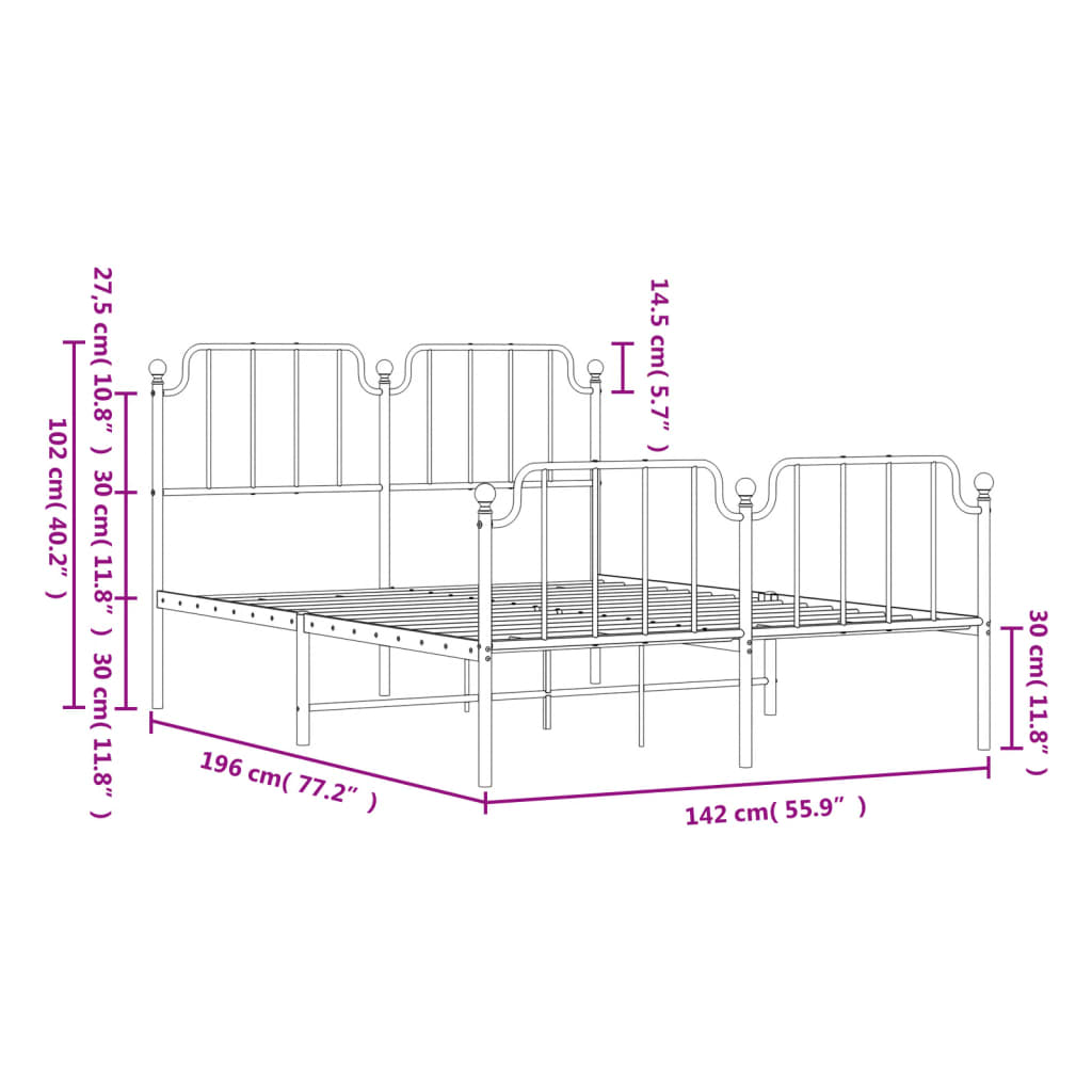 Estrutura de cama com cabeceira e pés 135x190 cm metal preto