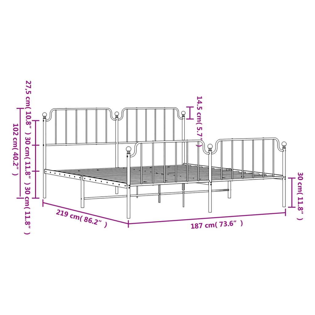 Estrutura de cama com cabeceira e pés 183x213 cm metal preto