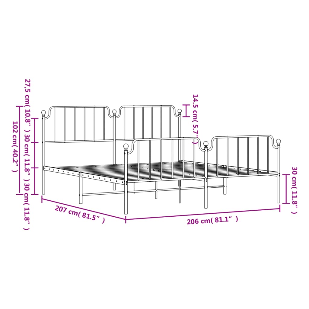 Estrutura de cama painéis cabeceira e pés 200x200cm metal preto