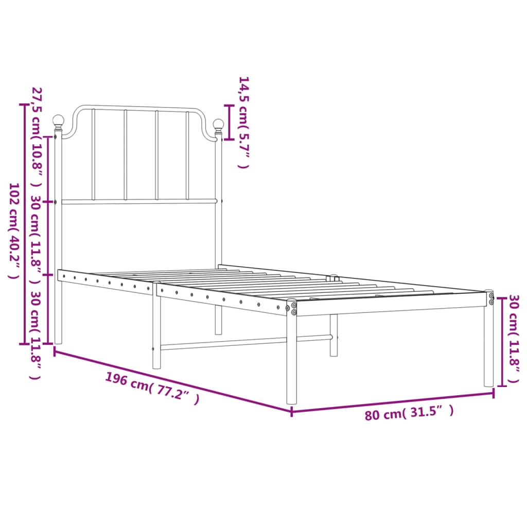 Estrutura de cama com cabeceira 75x190 cm metal branco