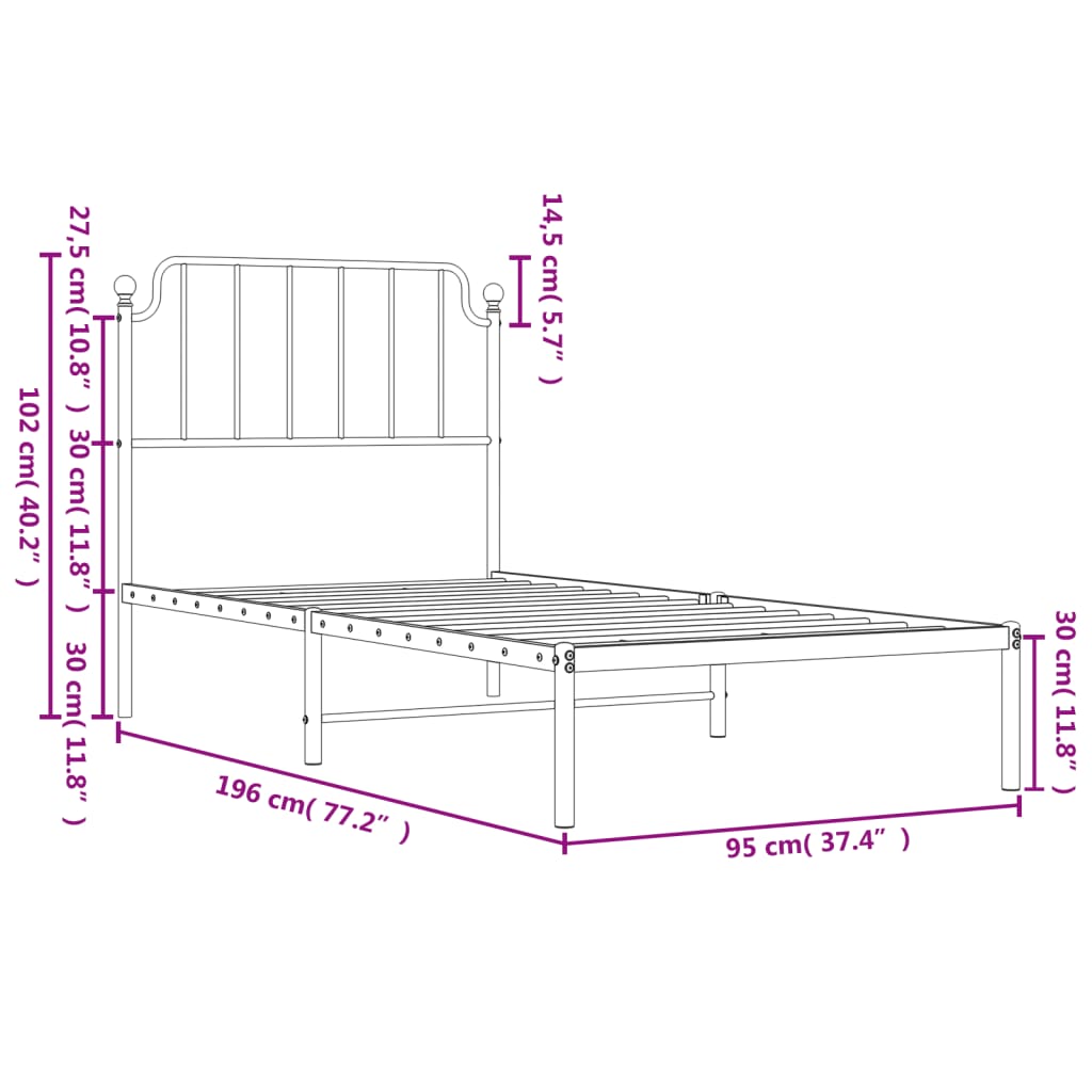 Estrutura de cama com cabeceira 90x190 cm metal branco