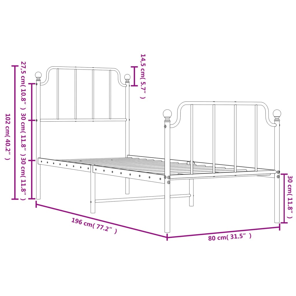 Estrutura de cama com cabeceira e pés 75x190 cm metal branco