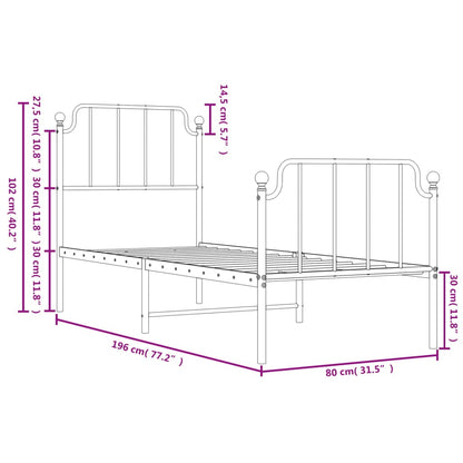 Estrutura de cama com cabeceira e pés 75x190 cm metal branco