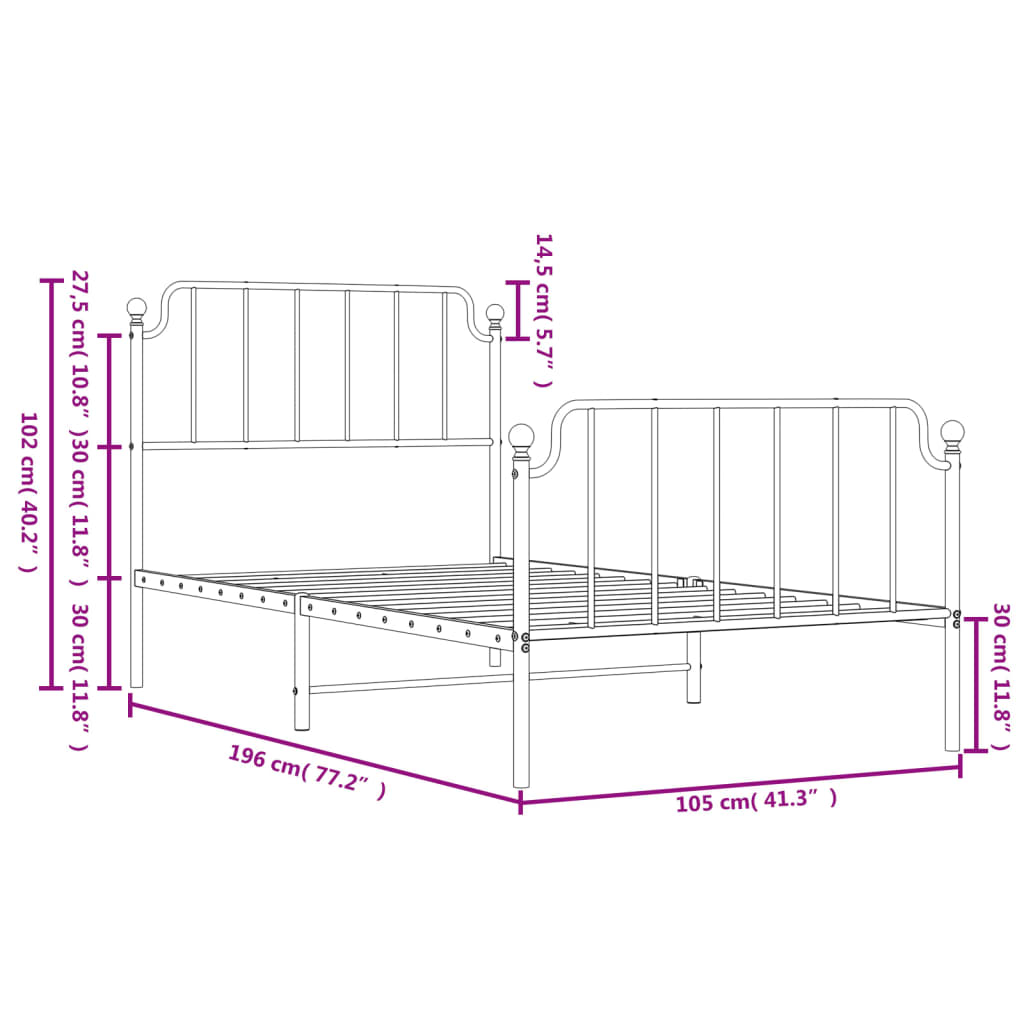 Estrutura de cama com cabeceira e pés 100x190 cm metal branco