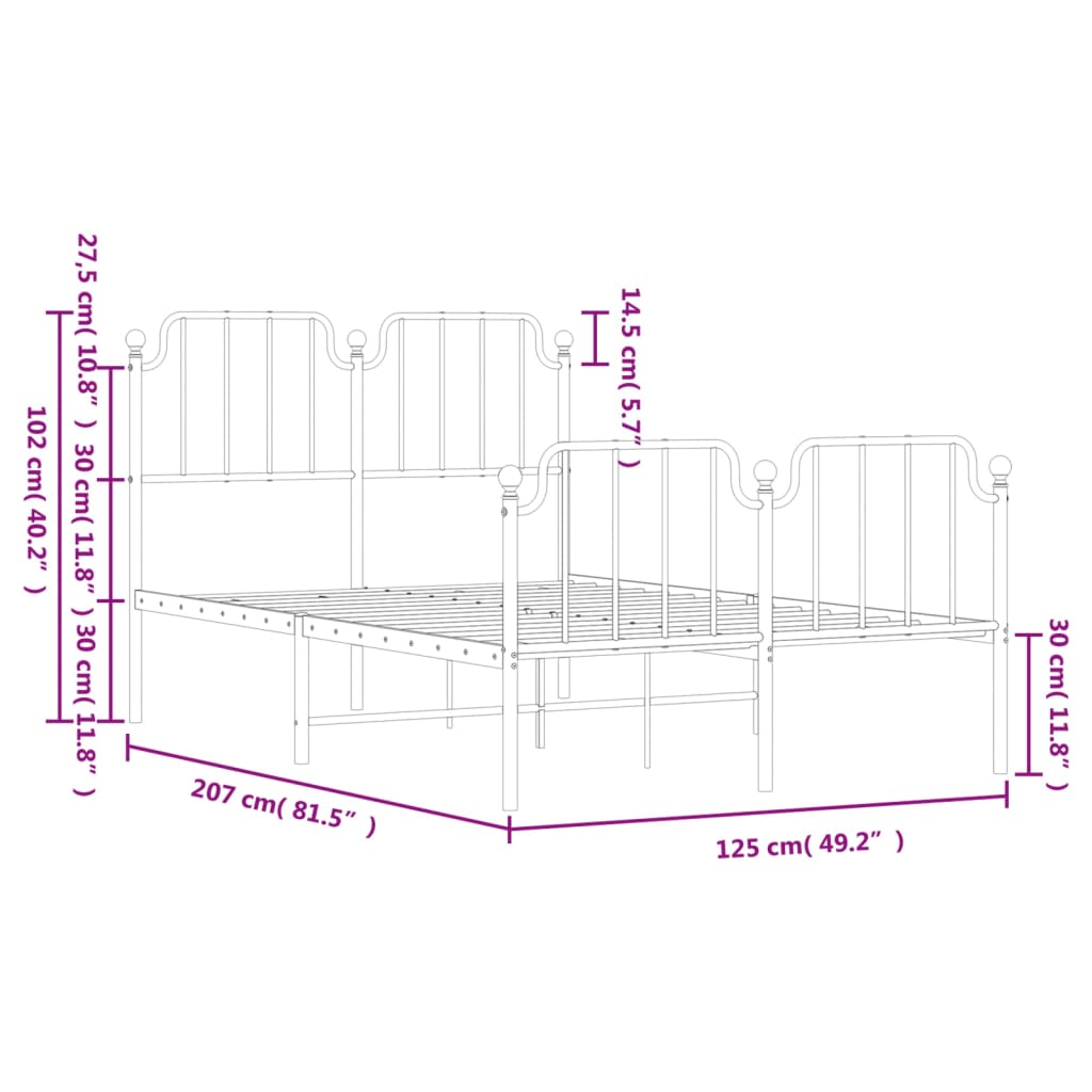 Estrutura de cama com cabeceira e pés 120x200 cm metal branco