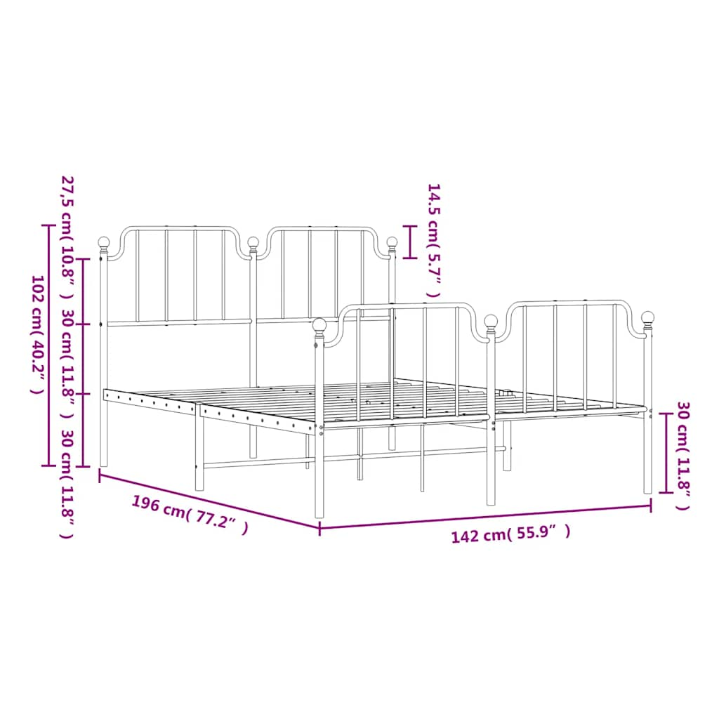 Estrutura de cama com cabeceira e pés 135x190 cm metal branco