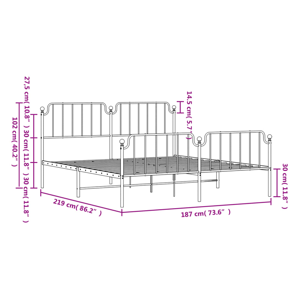 Estrutura de cama com cabeceira e pés 183x213 cm metal branco