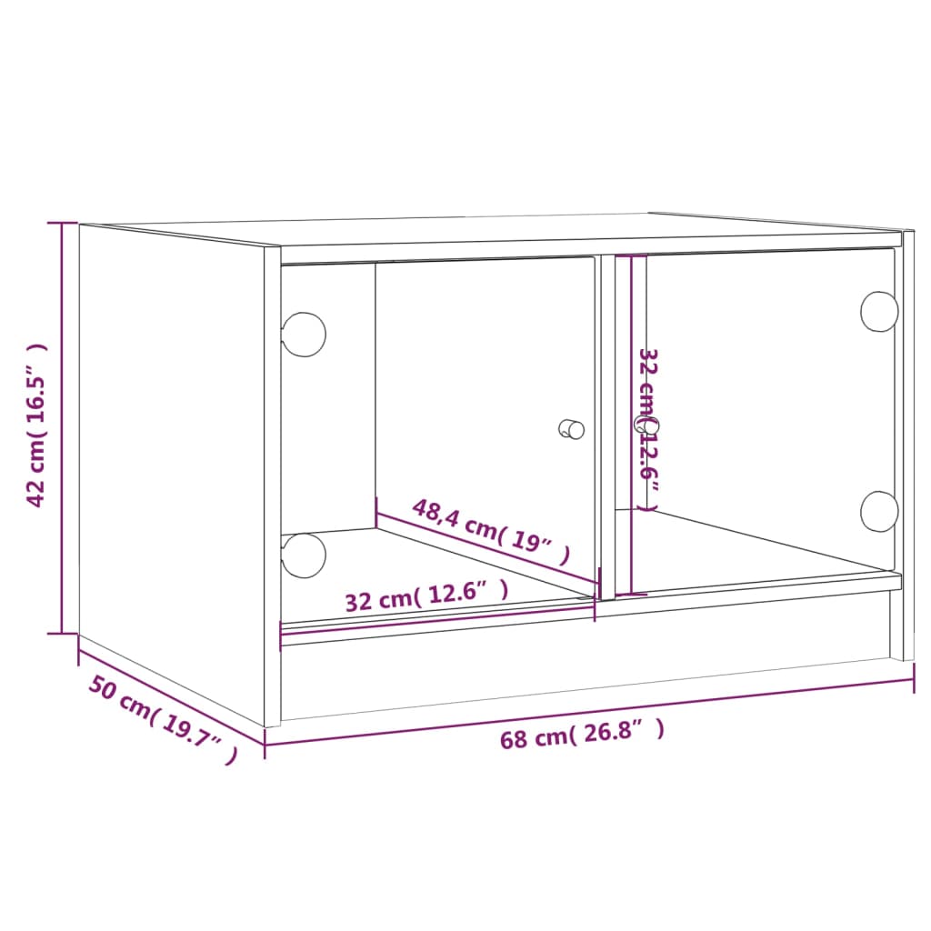 Mesa de centro c/ portas de vidro 68x50x42 cm carvalho fumado