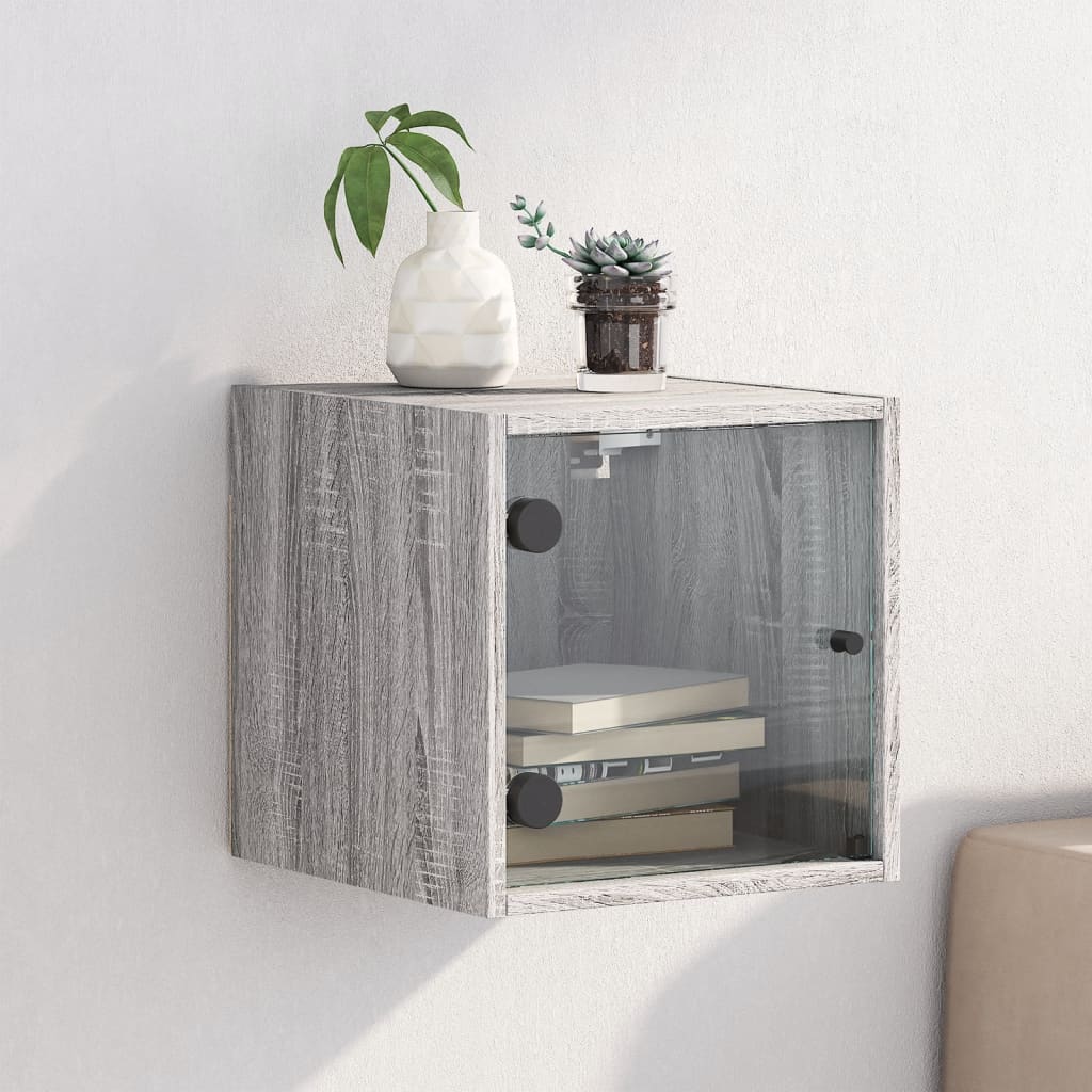 Mesa de cabeceira c/ porta de vidro 35x37x35 cm cinzento sonoma