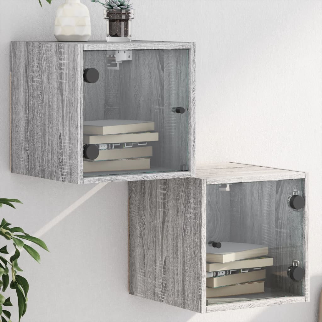 Mesa cabeceira c/ portas vidro 2 pcs 35x37x35cm cinzento sonoma