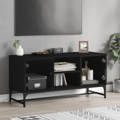 Móvel de TV Yola - Com Portas de Vidro - Cor Preto - 102x37x50 cm - Design Nórdico