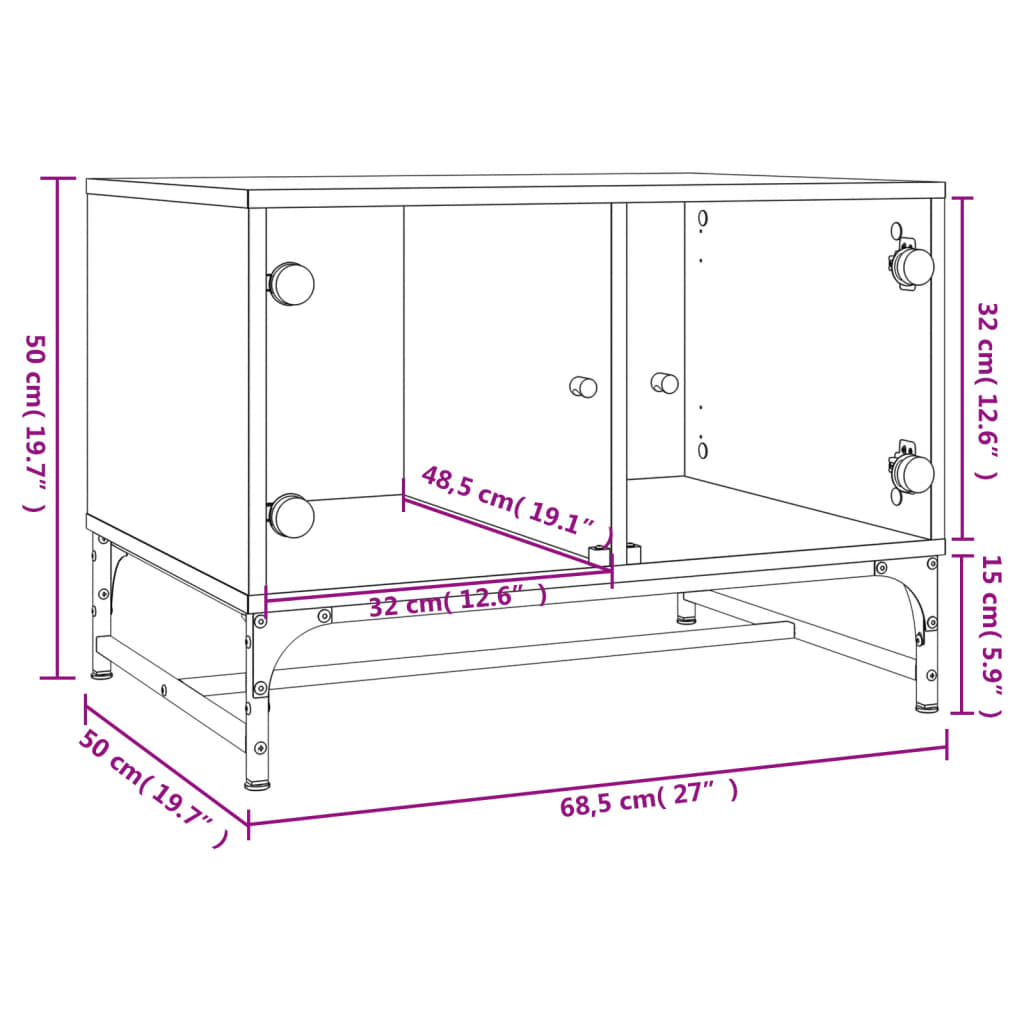 Mesa de centro c/ portas de vidro 68,5x50x50 cm cinza cimento