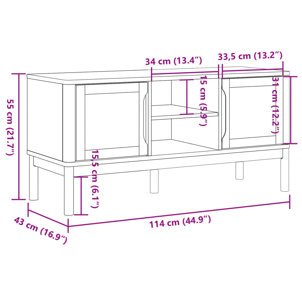 Móvel de TV FLORO 114x43x55 cm pinho maciço castanho mel