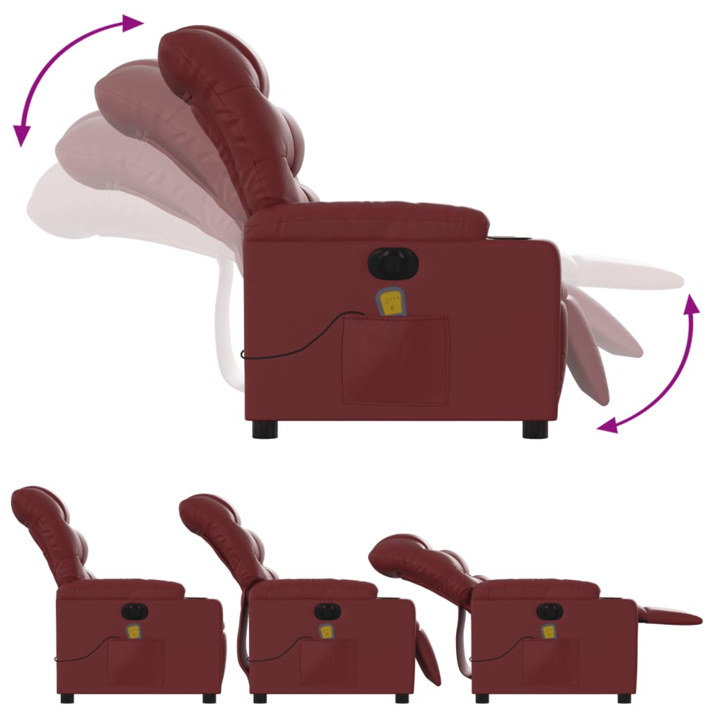 Poltrona massagens reclin. elétrica couro artif. vermelho-tinto