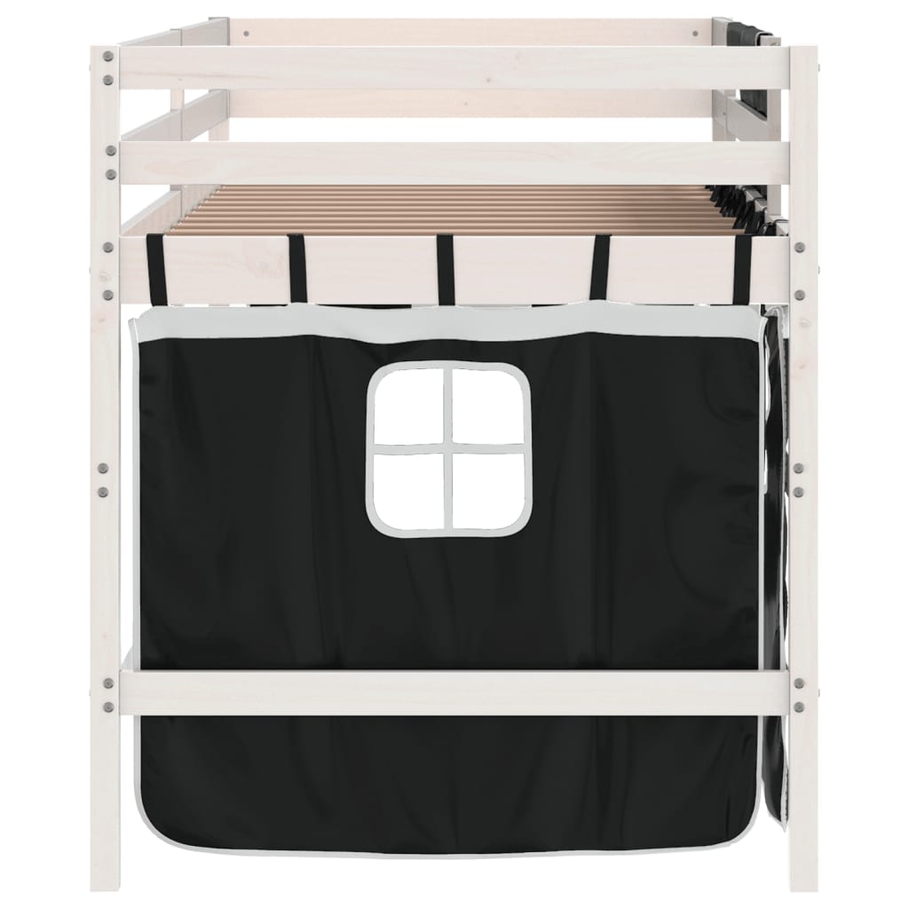 Cama alta criança c/ cortina 80x200cm pinho maciço branco/preto