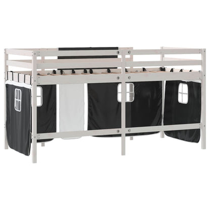 Cama alta criança c/ cortina 80x200cm pinho maciço branco/preto