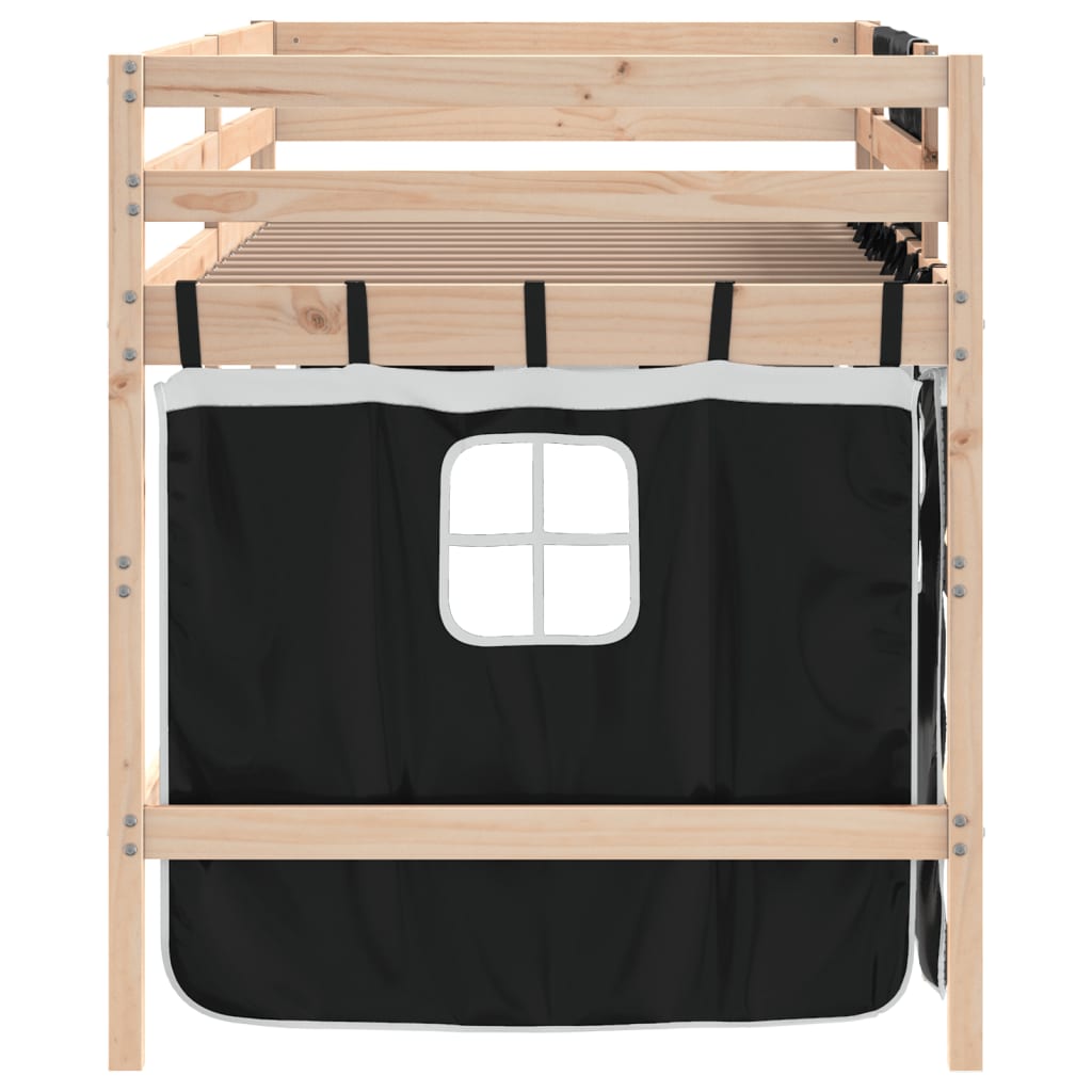 Cama alta criança c/ cortina 90x200cm pinho maciço branco/preto