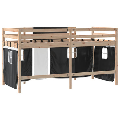 Cama alta criança c/ cortina 90x200cm pinho maciço branco/preto