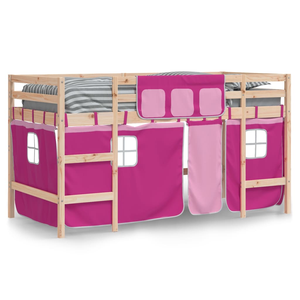 Cama alta p/ criança c/ cortinas 90x190 cm pinho maciço rosa